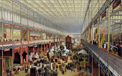 A coloured lithograph of the Crystal Palace transept, looking towards the Grand Entrance