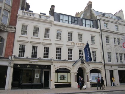 The Sotheby's frontage at 34 to 35 New Bond Street, a white stucco terrace with the auction house's banner over the entrance
