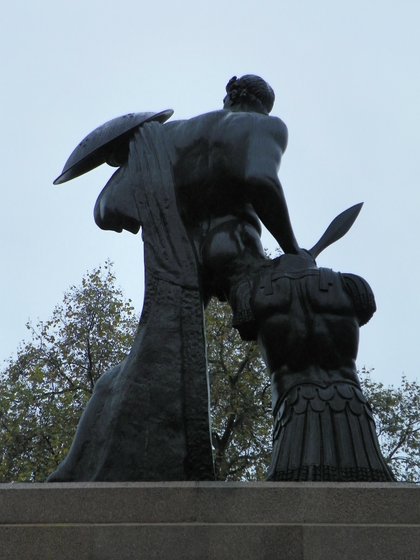 The Achilles statue at Hyde Park Corner, Westmacott's bronze cast from captured cannon, raised on a stone plinth among trees