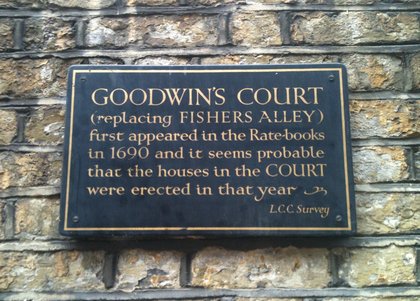 The plaque marking Goodwin's Court, off St Martin's Lane in Covent Garden